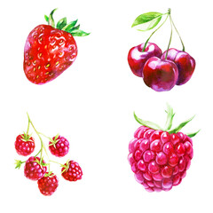 Watercolor illustration, set. Strawberries, raspberry, cherry berries on a branch, halves of berries. - 540276726