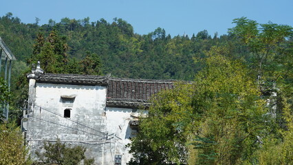 Fototapeta na wymiar The beautiful traditional Chinese village view with the classical architecture and fresh green trees as background
