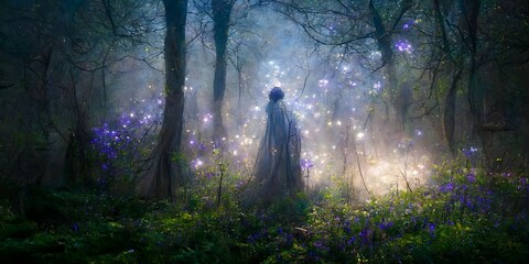 Ethereal forest scene with bluebells and a spiritual entity