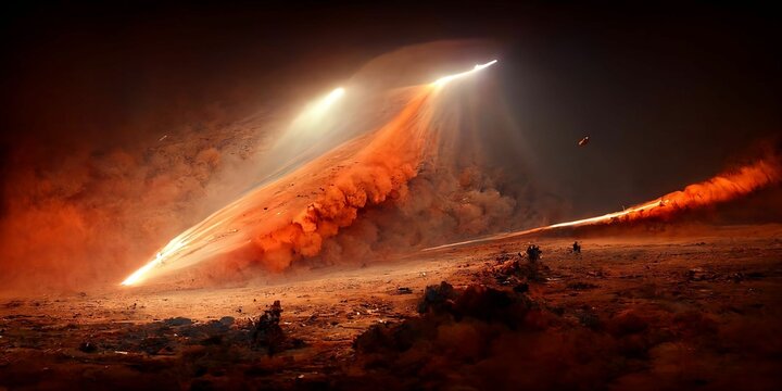 Wide shot of spaceship entering mars like atmosphere