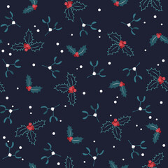 Christmas seamless pattern for wrapping paper, postcards, holiday background. Holly with mistletoe on a dark background.