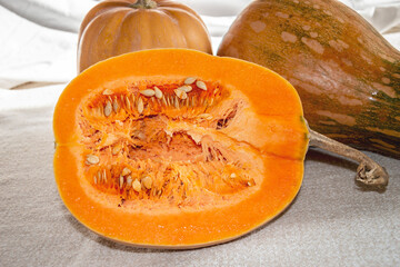 Pumpkin in the cut, garbuza. Seeds, Fresh vegetable, healthy food.