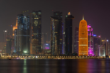 The Panoramic skyline of Doha, Qatar after sunset