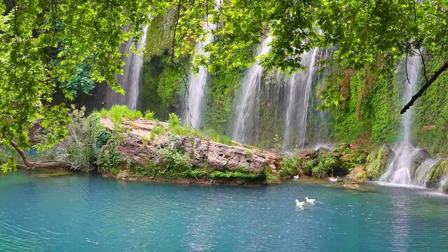 Kurşunlu Waterfall in Antalya, Turkey. pure fresh water waterfall in forest. Sound is included.