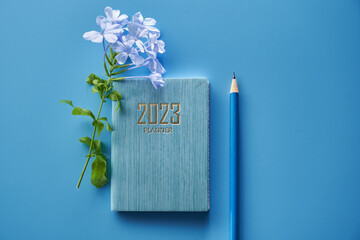 2023 planner and purple flower against blue background