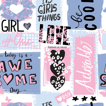 Girls seamless pattern with calligraphic slogan, hearts, words  . background for texylie, graphic tees, kids wear. Wallpaper for teenager girls. Fashion style