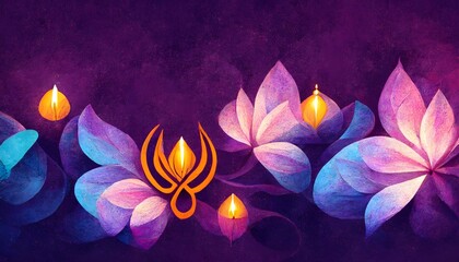 Happy Diwali celebration background. violet, Blue magenta background. front view of banner design decorated with lamps on patterned stylish background.