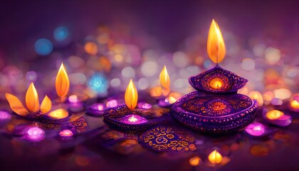Happy Diwali illustration. Festive diwali card. Design template with lamp, golden lights, colorful background. Blue, magenta background, holiday illustration