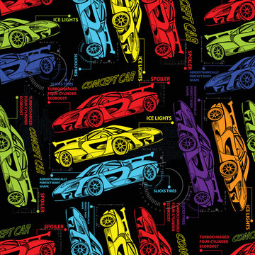 Hand-drawn cars. Bright seamless pattern. Vector
