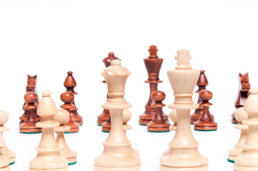 set of black and white chess pieces isolated