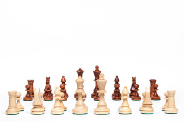 set of black and white chess pieces isolated