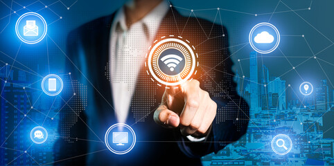 Businessman pointing virtual screen interface technology internet cloud storage technology for...