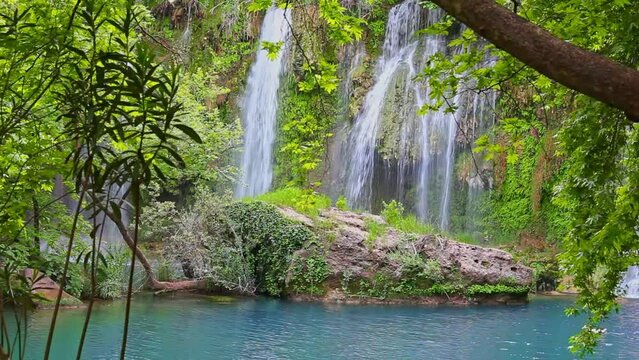 Kurşunlu Waterfall in Antalya, Turkey. pure fresh water waterfall in forest. Sound is included.