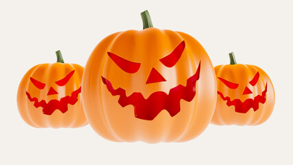 3D render of three orange halloween pumpkin isolated on white background, halloween concept