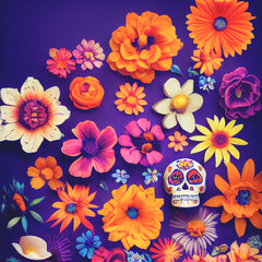Fototapeta na wymiar Colorful candy sugar skulls with flowers on Day of the Dead festival in Mexico.