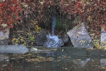 water drain on the river in autumn park