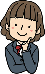 頬に指をあて笑顔の女子学生のバストアップ