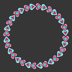 Circle frame covering multicolored hearts for popular social network. Black - blue - pink modern advertising social media design. Vector illustration Isolated on black background