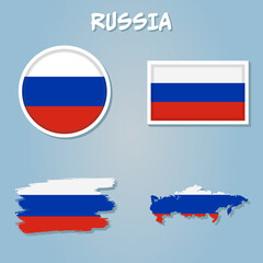 Map of Russian Federation with national flag isolated on blue background.