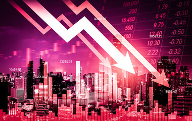 Stock market crash, declined economic, graph falling down and digital indicators overlaps...