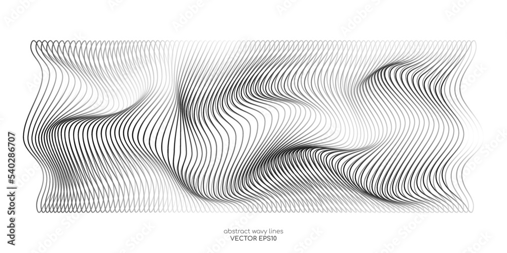 Aufkleber 3D Vector wave lines pattern smooth curve flowing dynamic black grey gradient isolated on white background for concept of technology, digital, communication, science, music