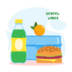 Lunchbox - container with a meal and fruit, burger, oranges, and soda. School meal, children's health lunch. Vector illustration in flat style, isolated on white background.Snack food in lunch box.