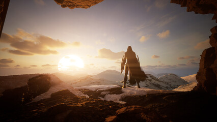 mystical character in a raincoat on the edge of a cliff looks into the distance panoramic view of the mountainsю 3 render
