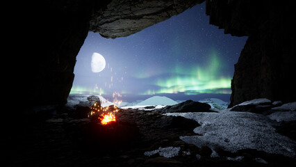 Inside the ice cave background. Incredible view from the cave to the magnificent beautiful mountain panorama. 3d render