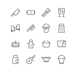 Set of cooking and kitchen icons, frying time, kitchen utensils and linear variety vectors.