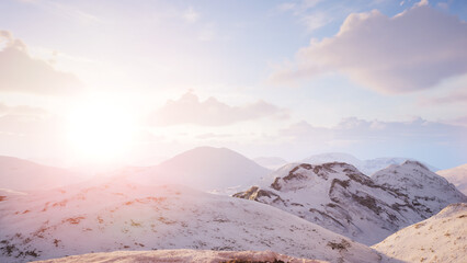 panoramic view to the majestic mountain at sunset. 3d render