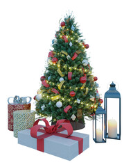 Christmas sparkling bright tree with star. Merry Christmas and Happy New Year. Realistic 3d rendering design of objects, light garlands, bauble ball, Gift box, surprise gifts, gold confetti.