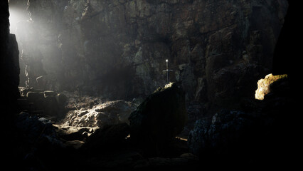 High contrast image of Excalibur, sword in the stone with light rays and dust specs in a dark forest. 3D render