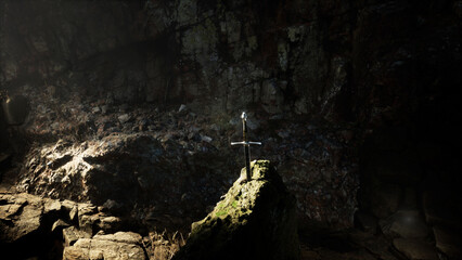 High contrast image of Excalibur, sword in the stone with light rays and dust specs in a dark forest. 3D render