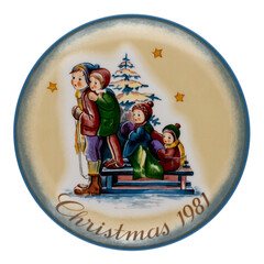 Vintage Sister Berta Hummel Christmas Plate from 1981 entitled A Time to Remember, isolated on...