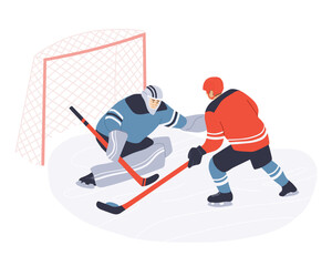 Vector illustration of hockey players. Goalkeeper stops the puck. Flat colorful cartoon artwork. Winter team sport on ice. Adult male player with stick and helmet