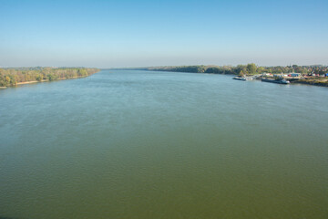 Fototapeta na wymiar View of Danube River from the Pentele Bridge on M8 motorway near Apostag village in Bacs-Kiskun county, in the Southern Great Plain region of Hungary
