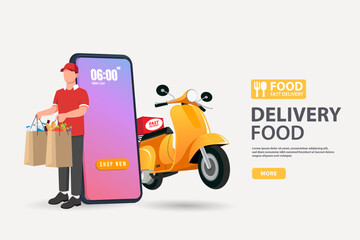 Delivery food boy handing package food with seeing customer location map on mobile phone. food ordering and delivery concept with yellow scooter