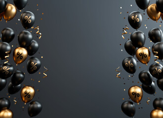 Black Friday festive banner template with black and gold balloons and text space on a dark background in 3D illustration