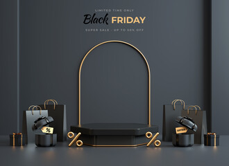 Black Friday geometric podium platform with black and gold stuff on a dark background for product display template in 3D illustration