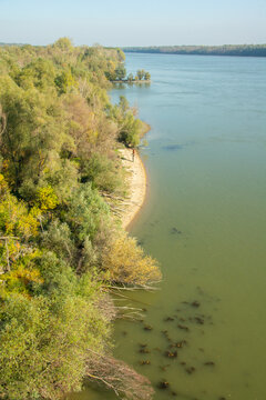 View of Danube River from the Pentele Bridge on M8 motorway near Apostag village in Bacs-Kiskun county, in the Southern Great Plain region of Hungary