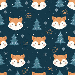 Fototapeta premium Seamless Vector Pattern with Cute Fox, forest elements and hand drawn shapes. Childish Cartoon Animals Background. design for fabric, wrapping, textile, wallpaper, apparel and all your creative