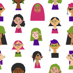 Female faces of various races, skin tones and hairstyles. Girl power concept. Women diversity and equality flat vector seamless pattern.