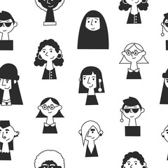 Female faces of various races, skin tones and hairstyles. Girl power concept. Women diversity and equality black and white flat vector seamless pattern.