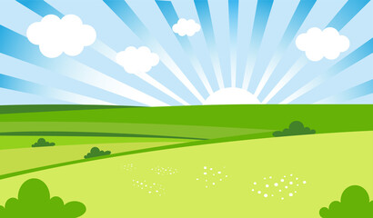 filed landscape vector illustration. Cartoon flat of spring summer beautiful nature, green grasslands meadow  and sunshine on horizon background .