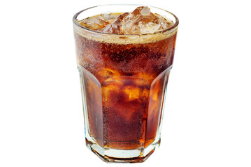 Cola with ice in a glass. Beautiful foam and air bubbles in a sweet carbonated drink - obrazy, fototapety, plakaty
