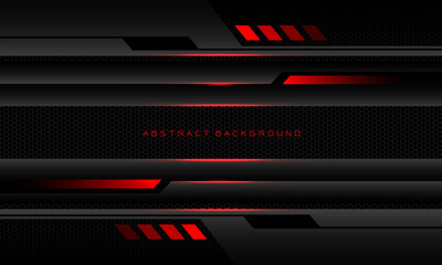 Abstract metallic red line black cyber geometric banner on black hexagon mesh pattern design ultramodern luxury futuristic technology background vector