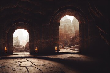Portal in a stone arch in a mountain cave. Gateway to other worlds, fantasy scene,  3D rendering, raster illustration.
