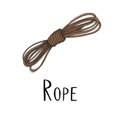 Brown rope on a white background with black lettering