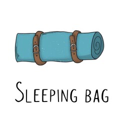 Blue sleeping bag with brown straps on a white background with black lettering