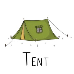Green tent on the grass on a white background with black lettering